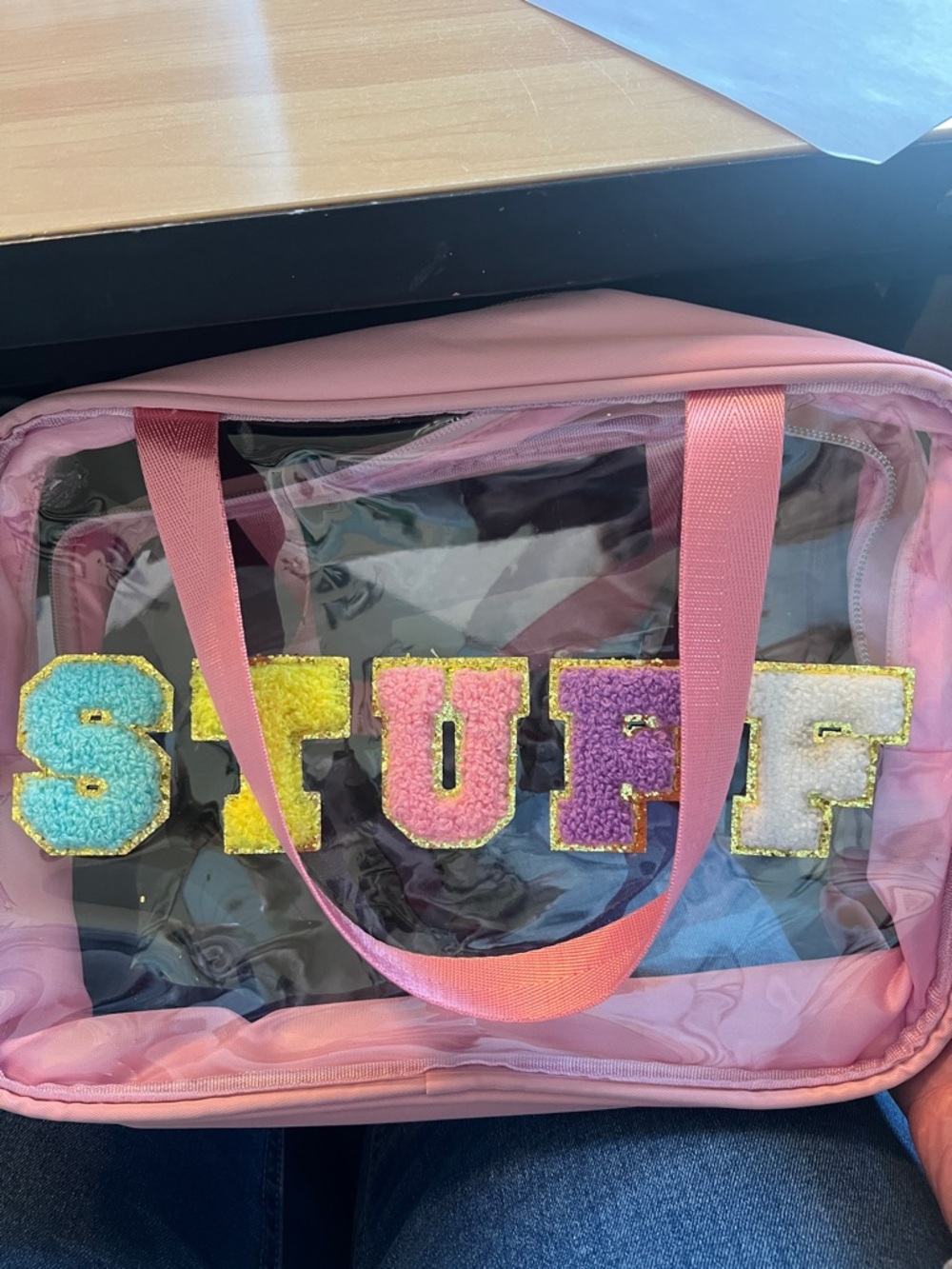 S'TUFF Clear Pink Tote Bag with Multicolor Letter Appliqués